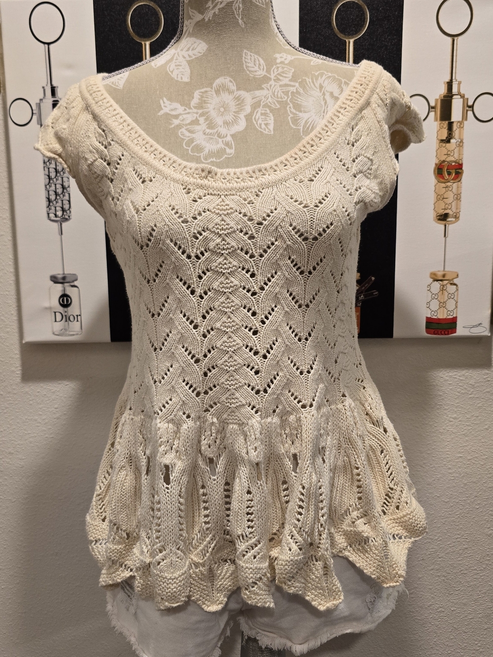 Boston Proper S Openwork Crochet Peplum Tank Top - Cream